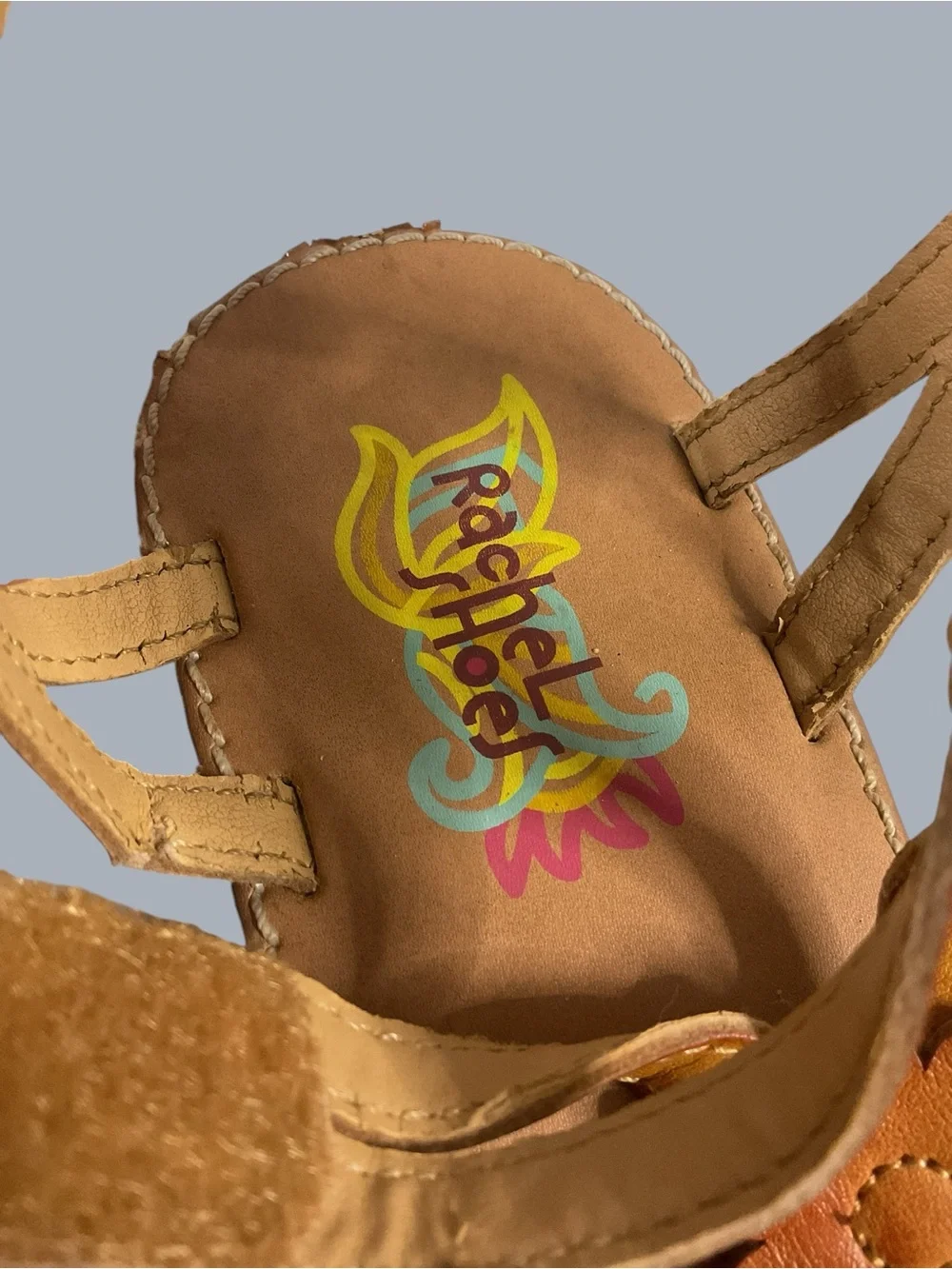 Rachel Shoes Big Girls Tan Floral T-Strap Leather Sandals Size 4